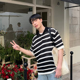 Hearujoy Summer Men's Clothing Light Luxury Mesh Striped Polo Shirt Korean Short Sleeve Button-down Retro Fashion Leisure Loose Knitwear